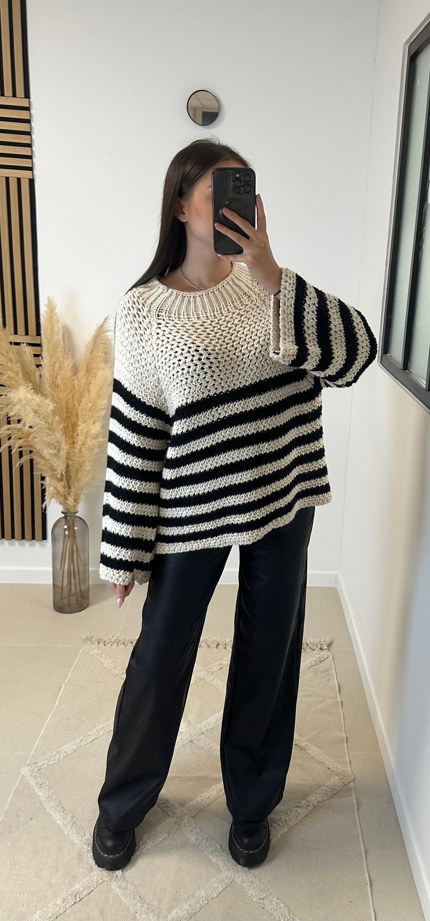 Pull grosse maille rayé beige