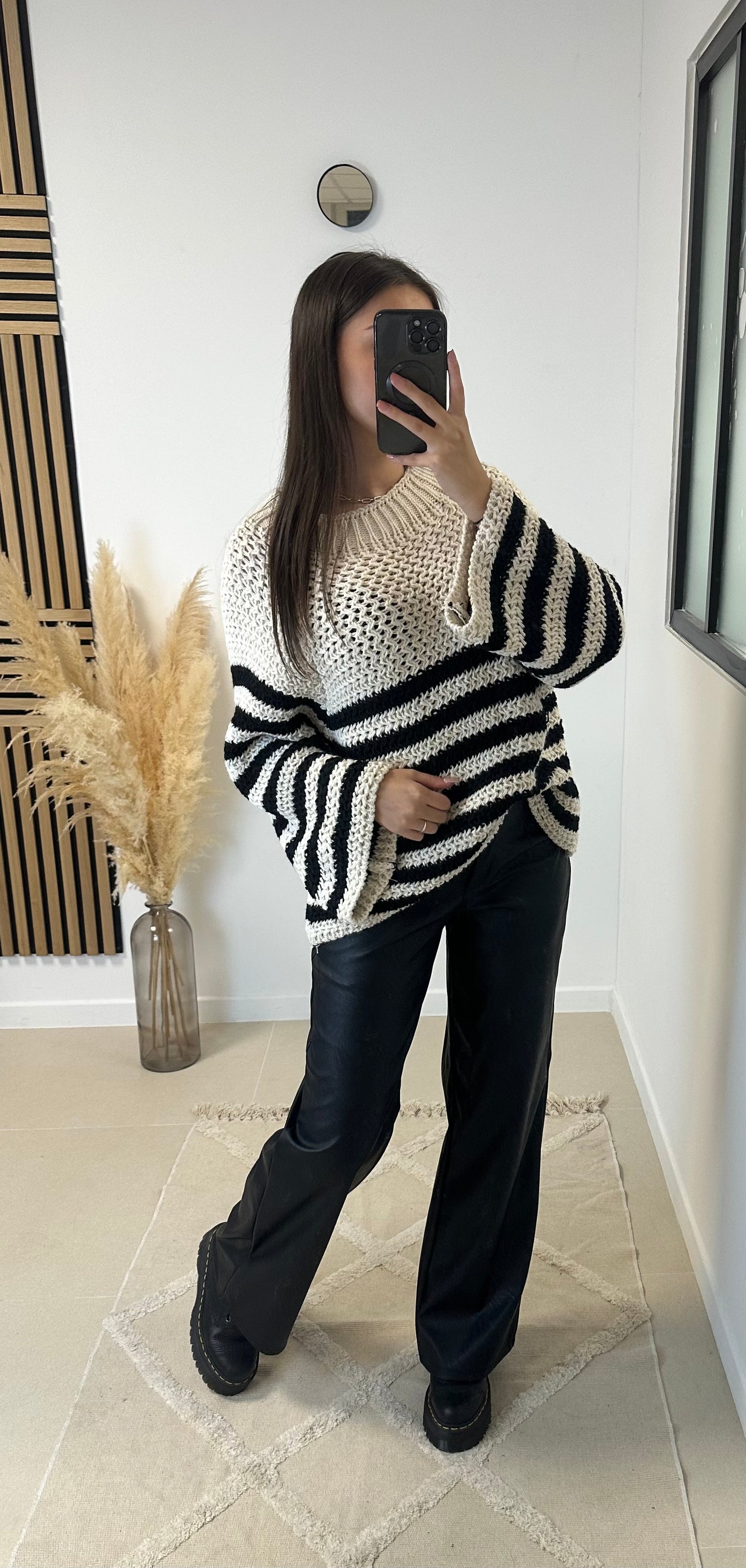 Pull grosse maille rayé beige